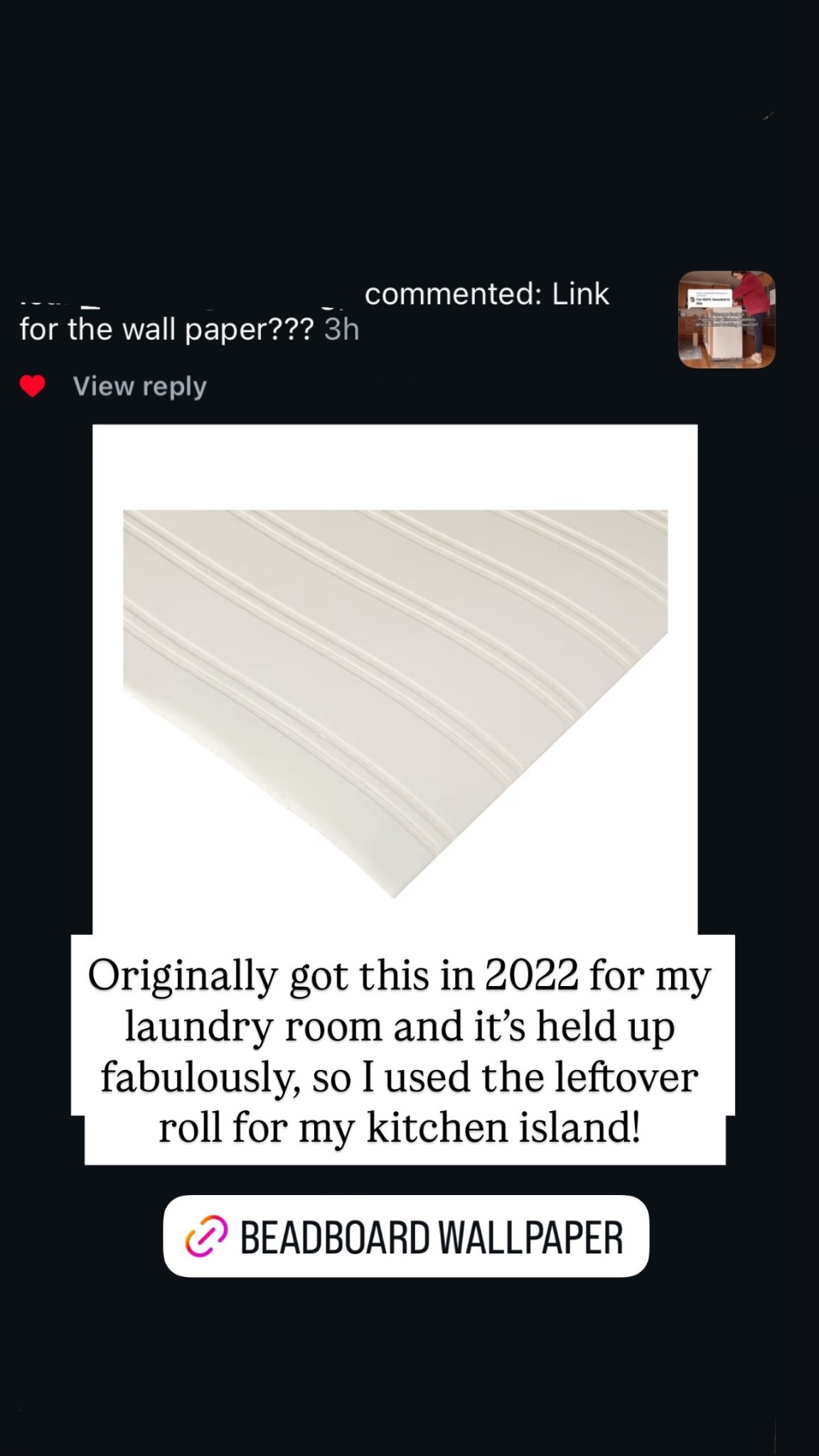 Originally got this in 2022 for my laundry room and it’s held up fabulously, so I used the leftover roll for my kitchen island!