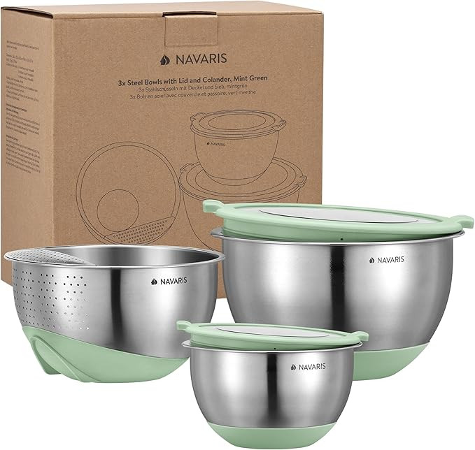 Navaris Set of 3 Stainless Steel Bowls with Lids & Colander - Large & Small Bowl with Lid & Non-S... | Amazon (CA)