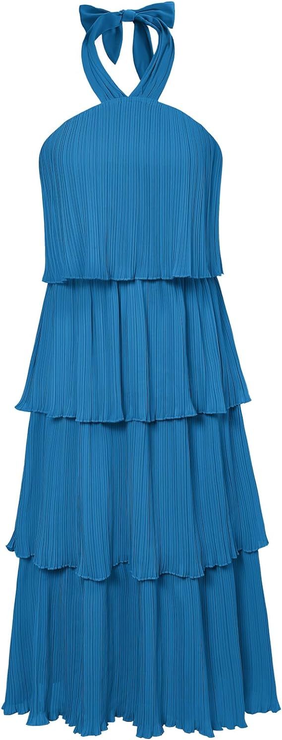 GRACE KARIN Women's 2024 Summer Halter Neck Sleeveless Dress Ruffle Tiered Layered Flowy Dresses ... | Amazon (US)
