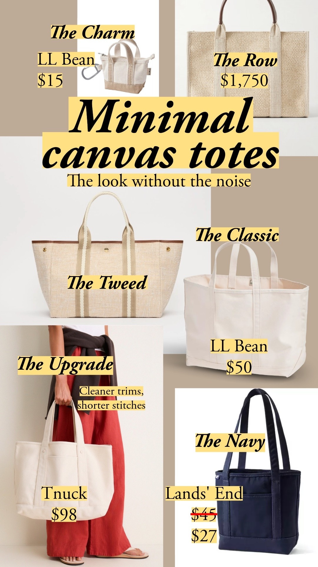Loud versions of this tote are everywhere, from Trader Joe's to the Boatkin. I just want some peace. Let the canvas be canvas – or go refined with the tweed from Rue de Verneuil. LL Bean and Lands' End make the OGs; Tnuck just released an upgraded take. On the Tnuck, the handles have a supportive accent and the top edge sits smooth, while LL Bean's trim keeps that traditional, natural ripple. Tnuck's stitches are also shorter than LL Bean's, another quiet refinement. canvas tote, boat tote, minimal canvas tote, LL Bean boat and tote, LL Bean tote bag, Lands' End canvas tote, navy canvas tote, Tnuck tote, tweed tote bag, Rue de Verneuil tote, The Row tote dupe, large canvas tote, everyday tote bag, work tote, summer tote, beach tote, structured canvas tote, leather trim tote, neutral tote bag, quiet luxury tote, preppy tote bag, market tote, grocery tote, mini canvas tote, raffia tote, Tuckernuck

#LTKootd