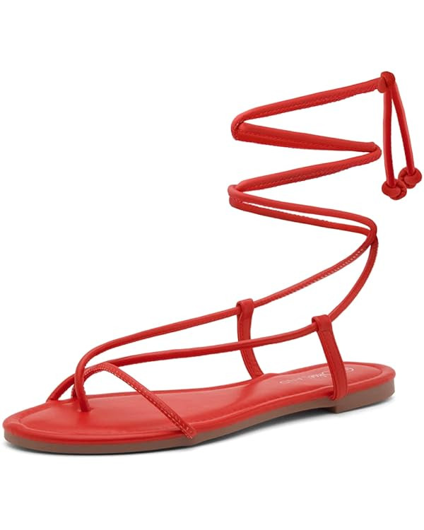 Shoe Land SL-Auday Womens Lace Up Flat Sandals Open Toe Tie Up Ankle Wrap Flat Sandals Black Whit... | Amazon (US)