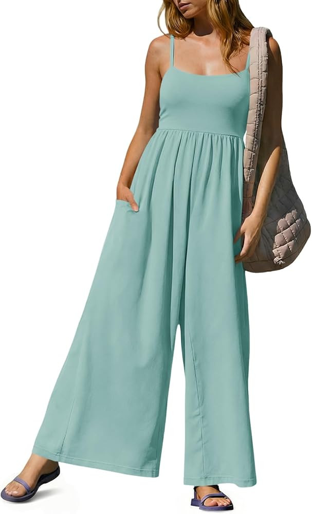 Fisoew Womens Summer Jumpsuits One Piece Casual Loose Overalls Spaghetti Strap Wide Leg Rompers w... | Amazon (US)