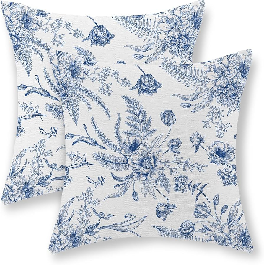 Spring Pillow Covers 18x18 Set of 2, Summer Blue Flowers Throw Pillows Chinoiserie Leaf Plant Flo... | Amazon (US)