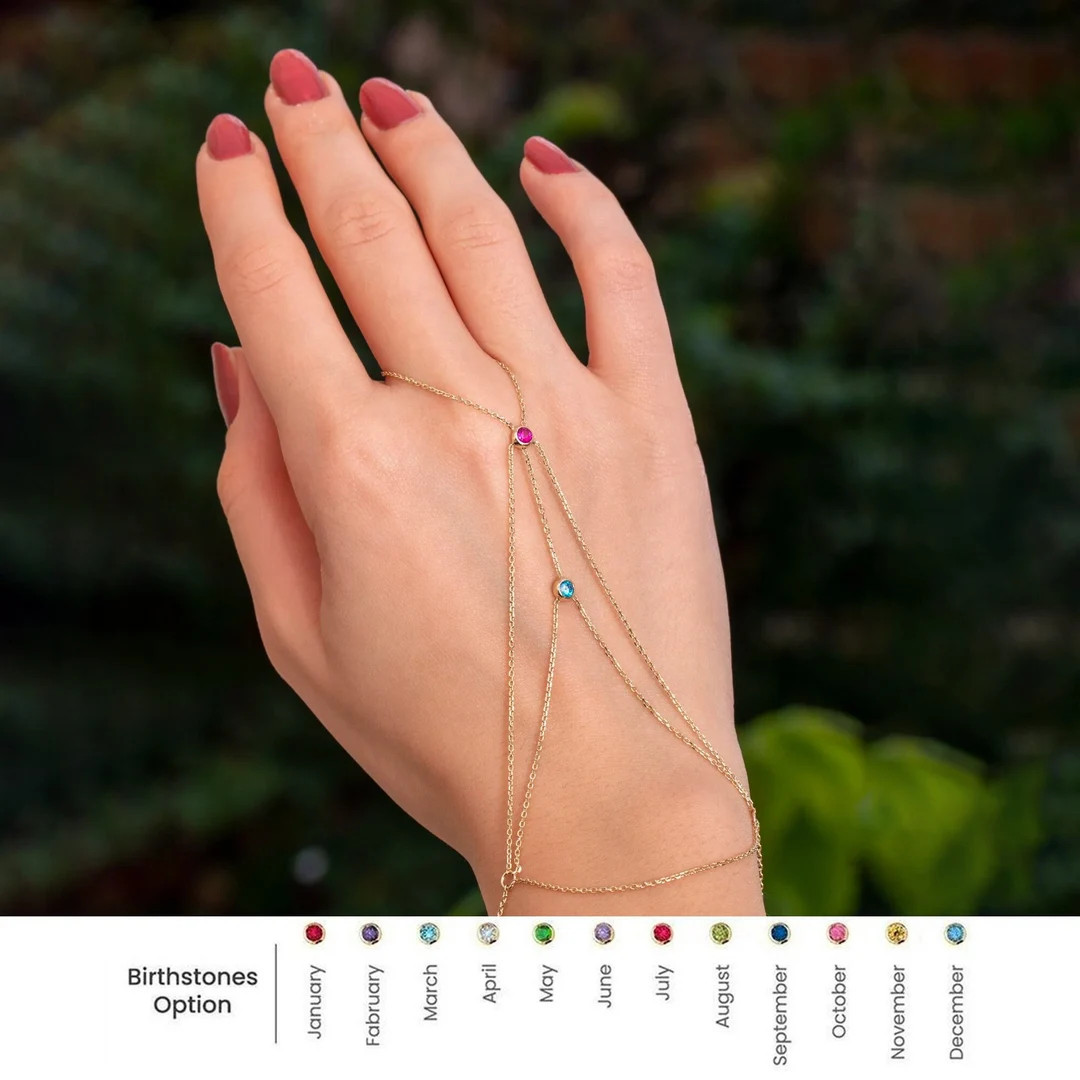 Hand Bracelet 14K 18K Solid Gold, Cz Birthstone Hand Chain Bracelet, Personalized Birthstone Gold... | Etsy (US)