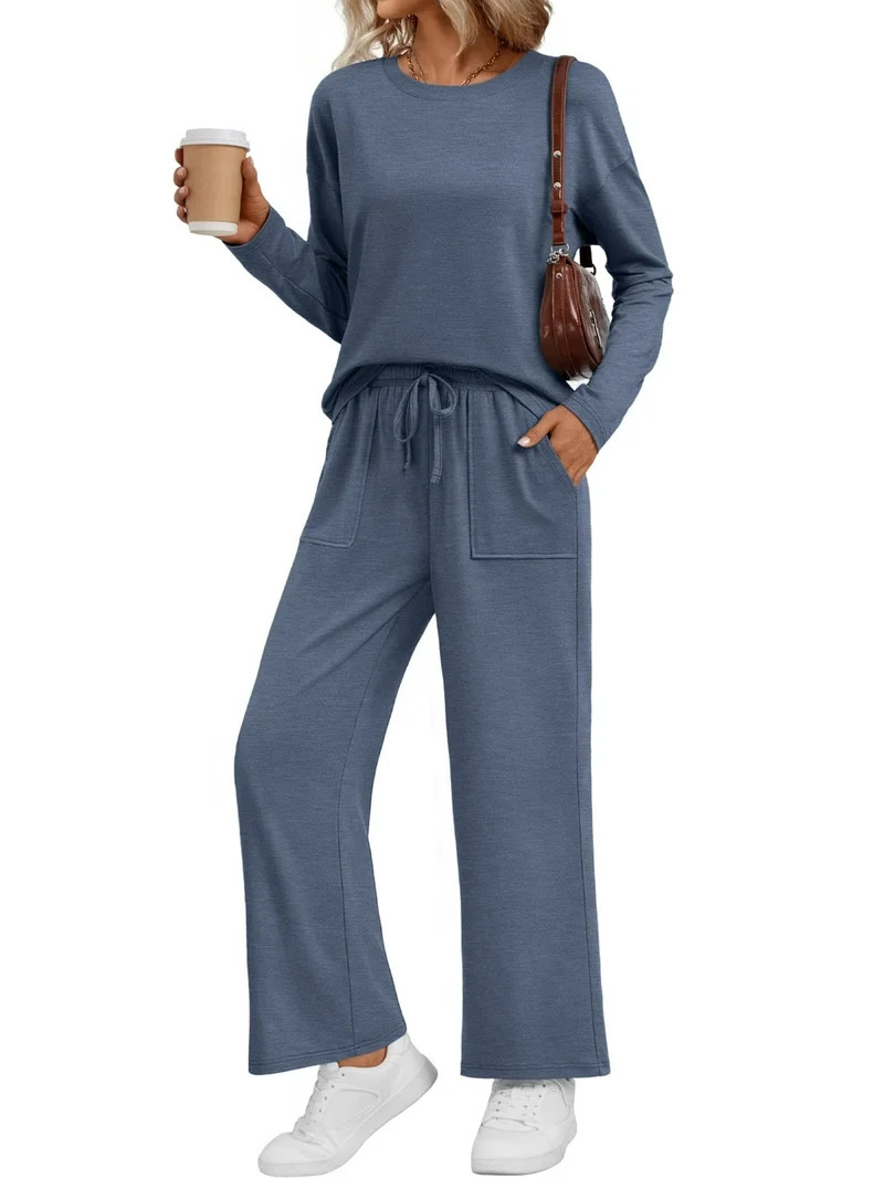 SUNBS 2 Piece Outfits Women Fall Lounge Sets Crew Neck Tops Wide Leg Pants Vacation Travel Sweats... | Walmart (US)