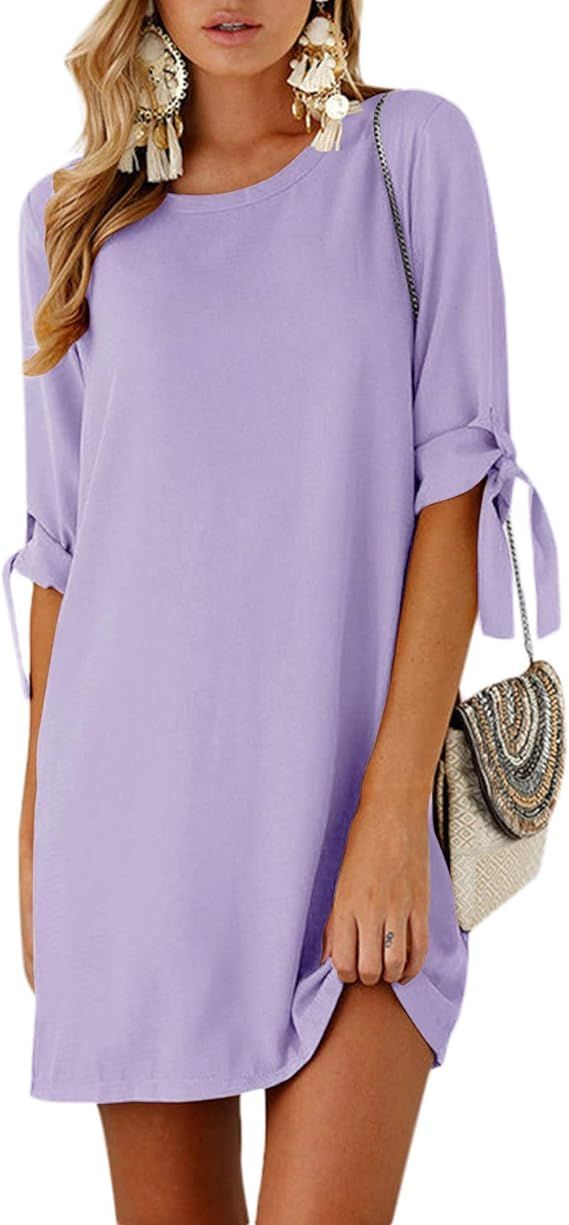 YOINS Summer Dresses for Women Floral Print Half Sleeves T Shirts Solid Crew Neck Tunics Self-tie... | Amazon (US)