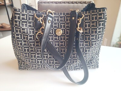 Tommy Hilfiger Black/Tan/Navy Logo Monogram Tote Purse Handbag Gold Accents | eBay US