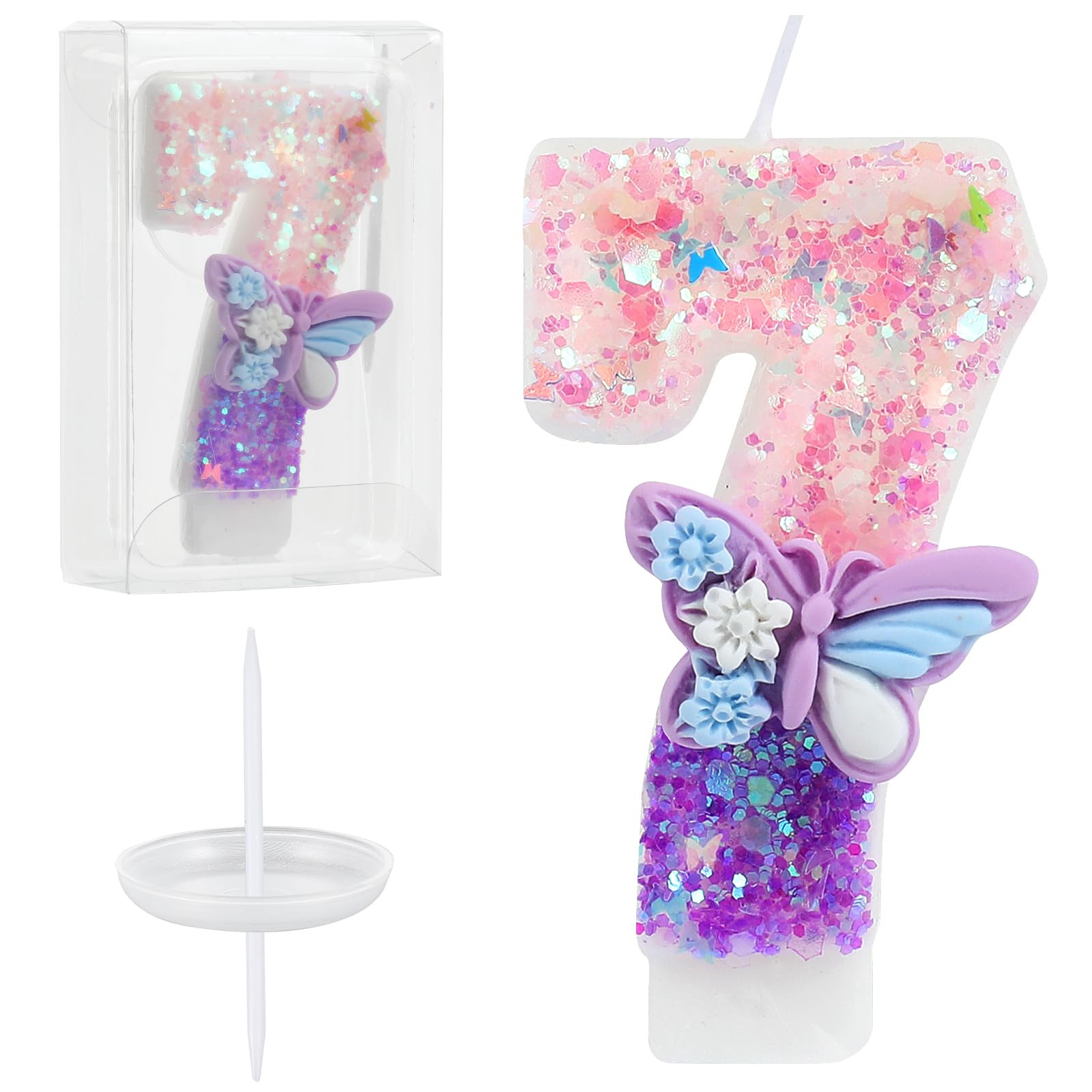 Birthday Number Candles Pink and Purple Butterfly Birthday Candles for Cake Glitter Number 7 Cand... | Amazon (US)