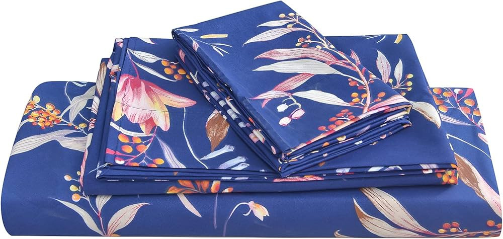 JSD Navy Blue Floral Print Sheet Set Queen, Botanical Soft Microfiber Bedding Sheets Extra Deep P... | Amazon (US)