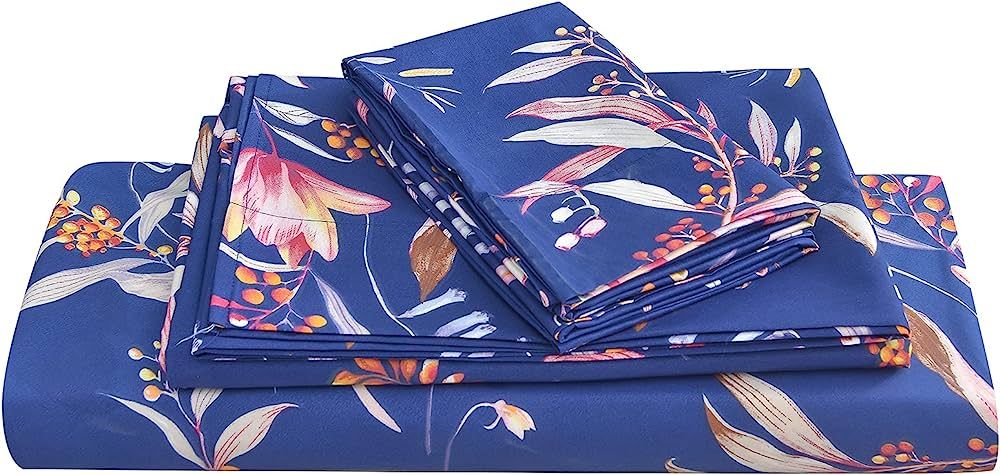 JSD Navy Blue Floral Print Sheet Set Queen, Botanical Soft Microfiber Bedding Sheets Extra Deep P... | Amazon (US)