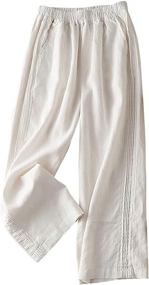 IXIMO Women's 100% Linen Pants Elastic Pleated Wide Leg Straight Fit Palazzo Long Pants White M | Amazon (US)