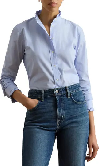 Lauren Ralph Lauren Ruffle Trim Cotton End-on-End Button-Up Shirt | Nordstrom | Nordstrom