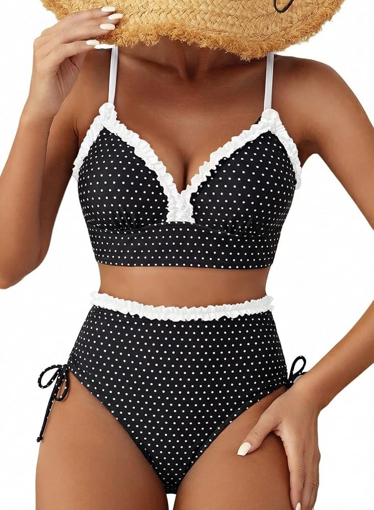 Herseas Women's Splice Ruffle Trim Bikini Sets Tie Side Swimsuits High Waisted Bathing Suits | Amazon (US)