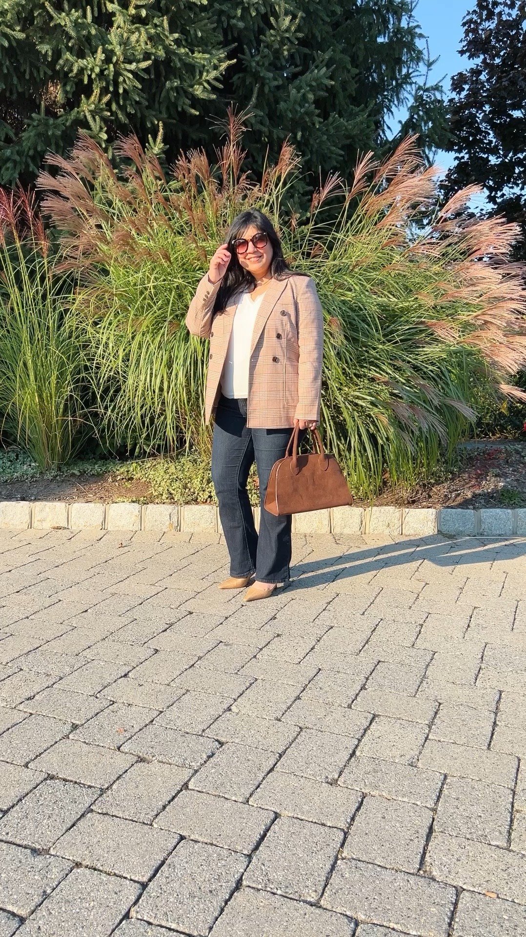 Loft Sale! Extra 50% off sale + free shipping! Love this plaid double breasted blazer and how it helps create the perfect fall outfit! On sale for under $60 right now! Available in both regular and petite sizes. Wearing it here in size 12 petite. Wit and Wisdom bootcut jeans size 12 petite. Sam Edelman slingback heels true to size. Amazon brown suede bag and sunglasses. Electric Picks necklace. Great fall or winter outfit for workwear or casual wear! 


#LTKSeasonal #LTKCyberWeek #LTKWatchNow