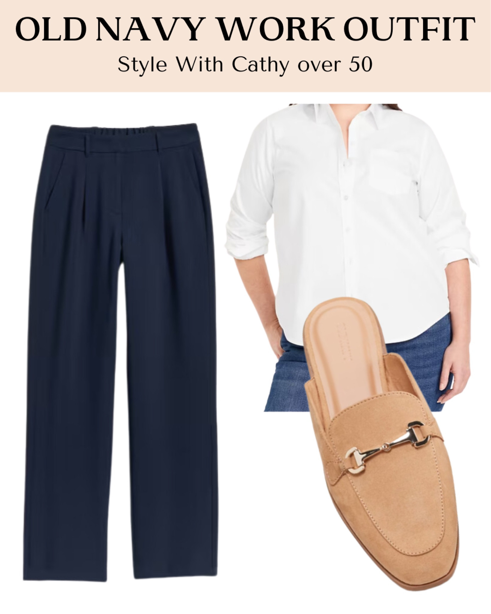 Old Navy work outfit! 
Navy trousers, a white button up blouse and neutral suede mules!


#LTKPlusSize #LTKFindsUnder50 #LTKOver40