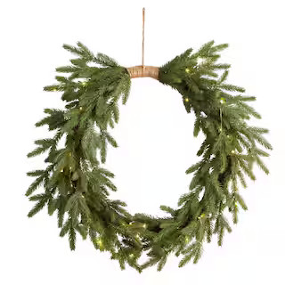 Nearly Natural 24 in. Prelit Holiday Pine Artificial Christmas Wreath Cascading W1317 - The Home ... | The Home Depot