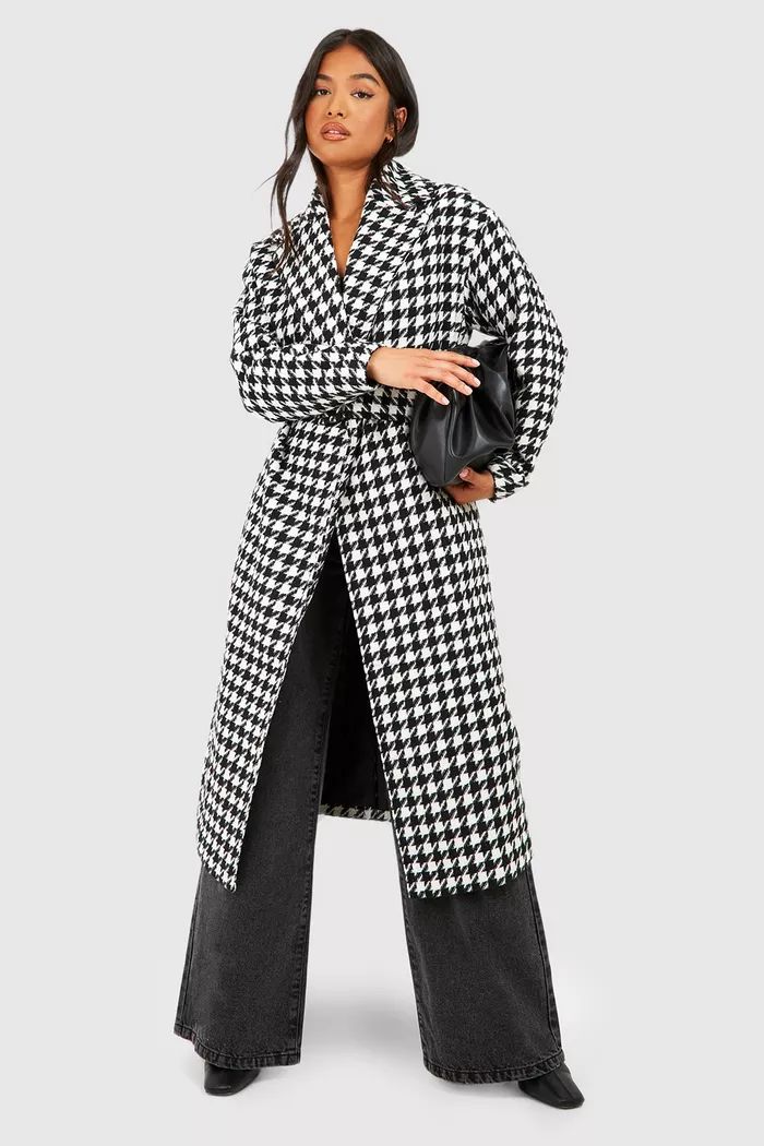 Petite Dogtooth Belted Wool Look Trench | boohoo (US & Canada)