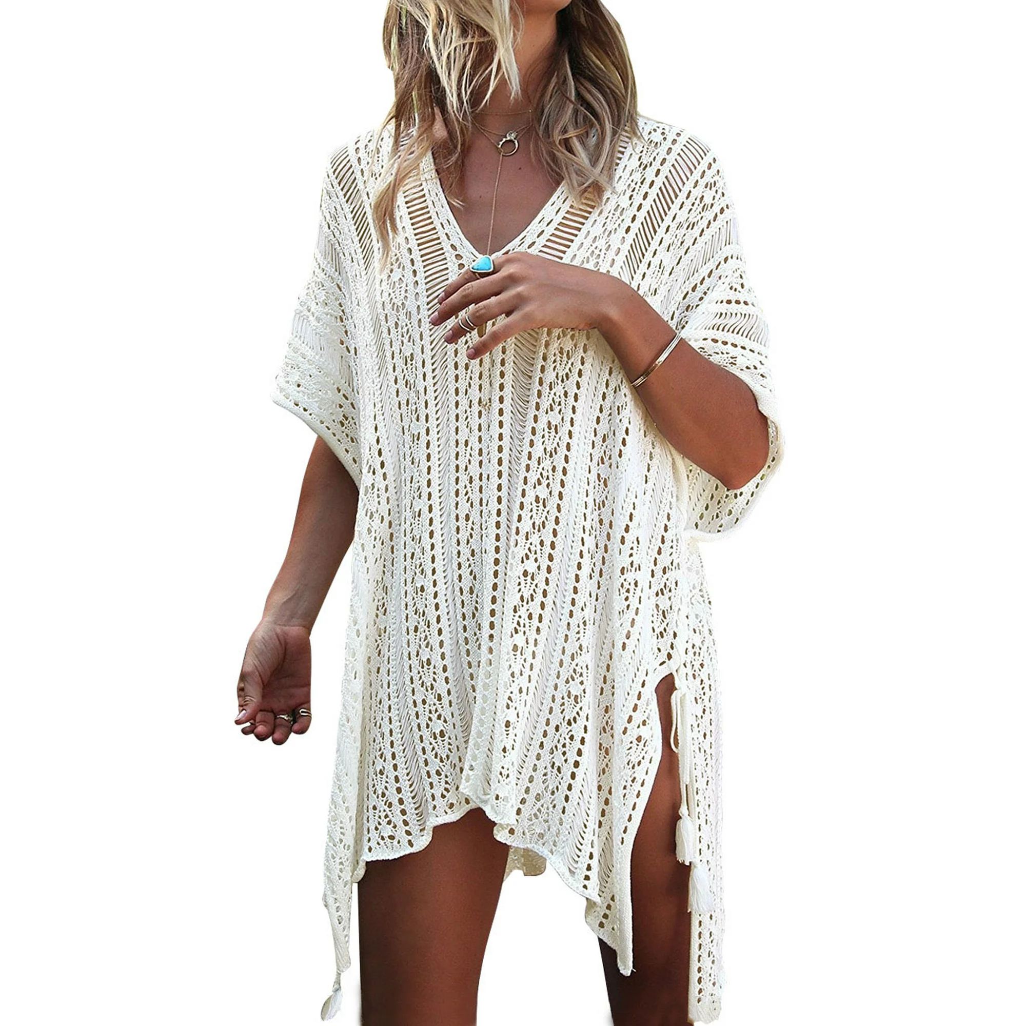 Swimsuit Cover Up for Women Crochet Sleeveless Tunic V Neck Bikini Beachwear Sheer Bathing Suit C... | Walmart (US)