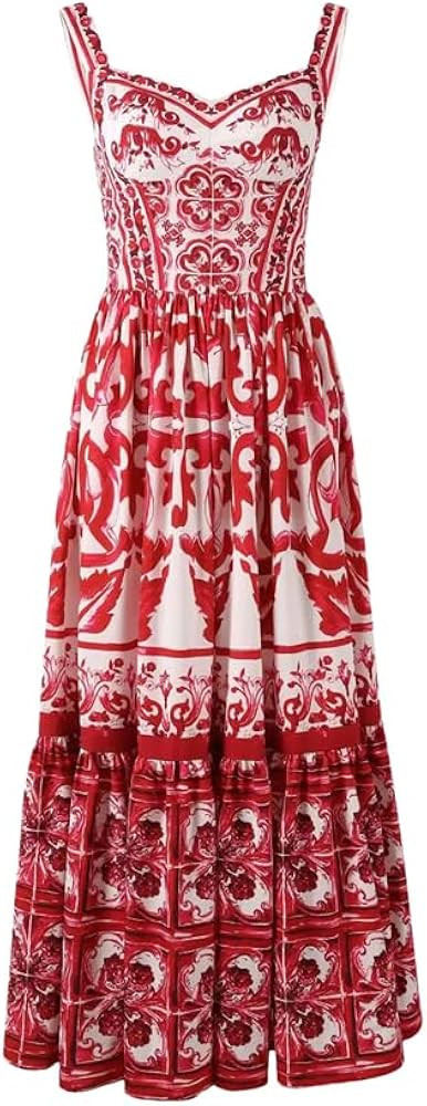 Women Holiday Maxi Dress Spaghetti Strap Sleeveless V Neck Backless Print Long Dresses | Amazon (US)