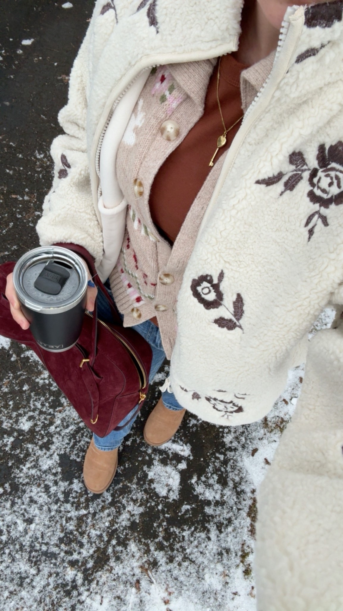 Fleece, cardigan, suede bag, Ugg boots 

#LTKSeasonal #LTKootd