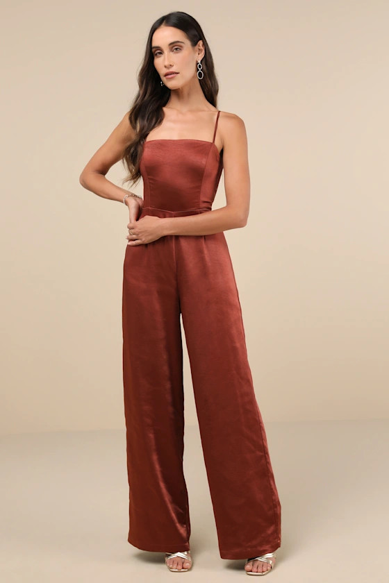 Stylish Brilliance Rust Satin Sleeveless Wide-Leg Jumpsuit | Lulus