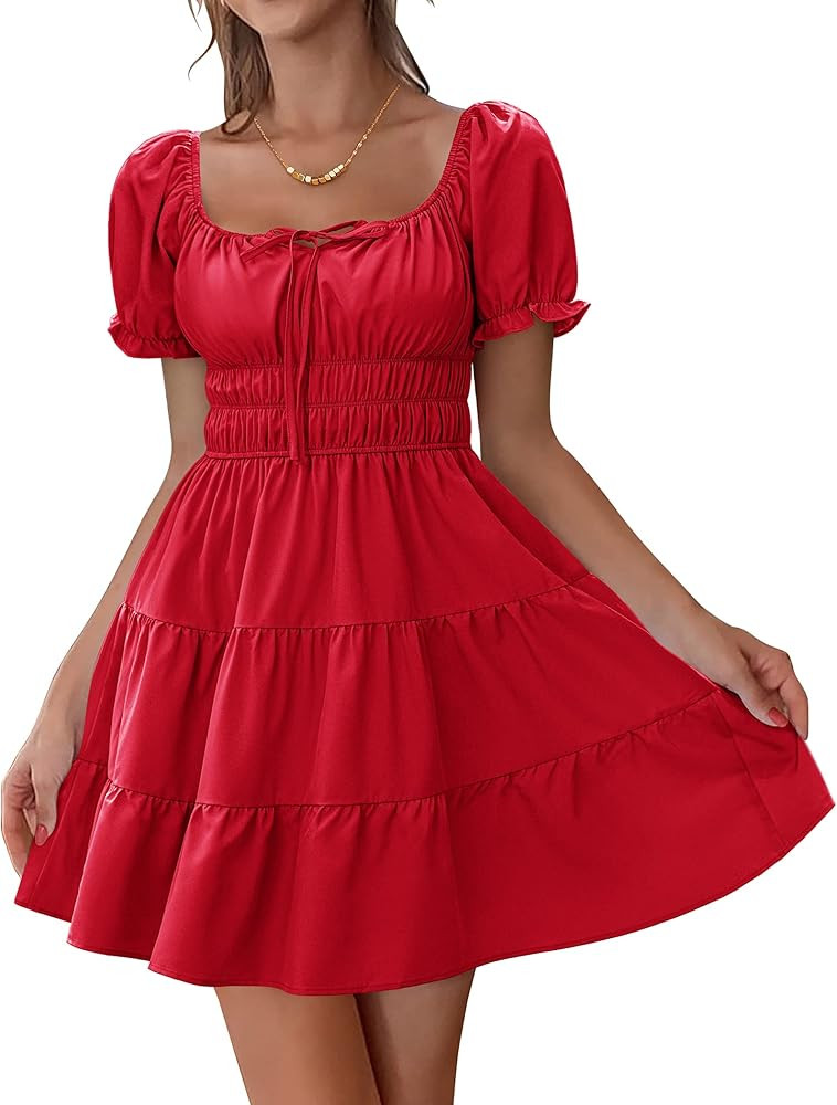 Hotouch Women Puff Sleeve Sweetheart Neckline Dress Ruched Smocked Bust Mini Dress Tiered Short D... | Amazon (US)