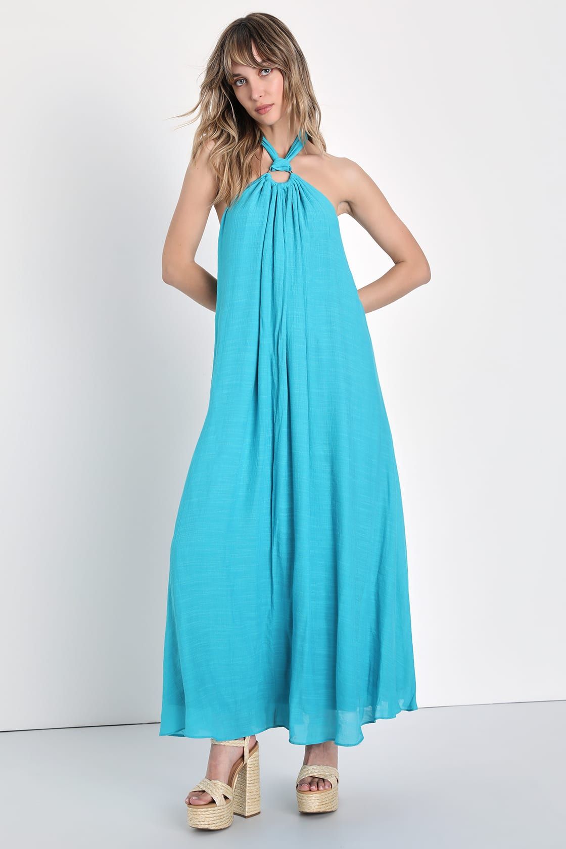 Corfu Charm Teal Blue O-Ring Halter Maxi Dress | Lulus