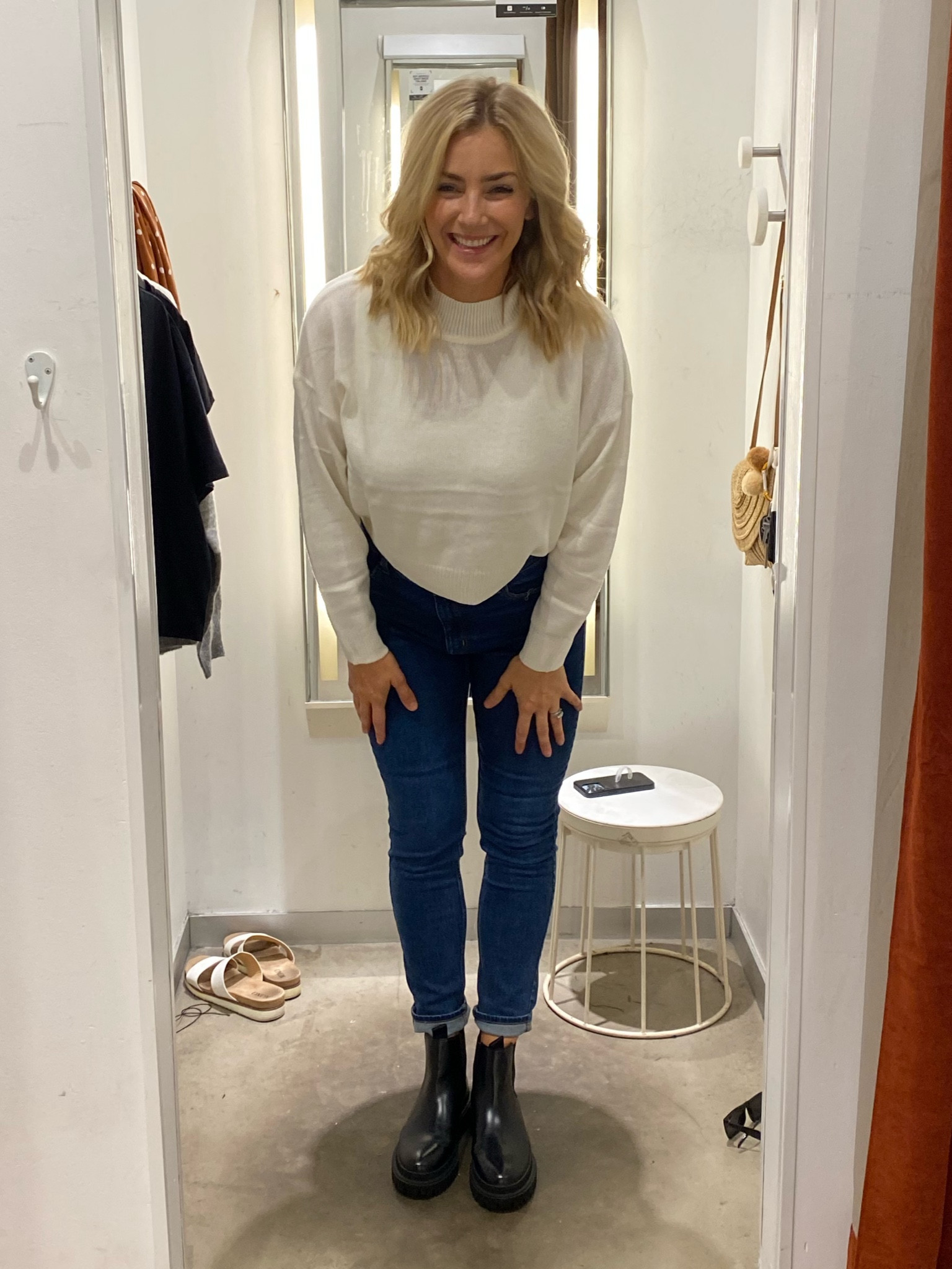 Turtlenecks are back! This soft white sweater goes with everything and it’s affordable style for everyone! 
Jeans: 27
Sweater: M