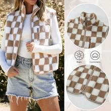 Women Sleeveless Checkered Sherpa Jacket Lightweight Warm Zip Up Outerwear Zipper Vest With Pockets | SHEIN