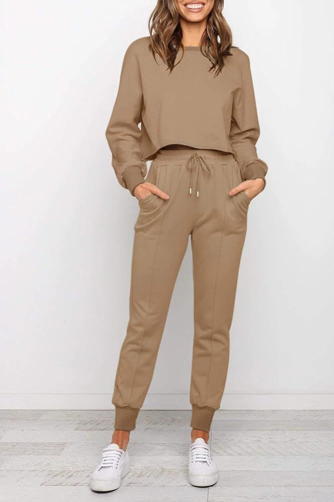 ZESICA Women's Long Sleeve Crop Top and Pants Pajama Sets 2 Piece Jogger Long Sleepwear Loungewear P | Amazon (US)