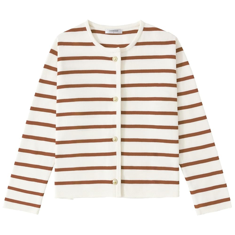 Women's Striped Cardigan Sweater Trendy Long Sleeve Button Down Crewneck Knit Cardigans | Amazon (US)