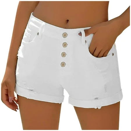 Taqqpue Jean Shorts for Womens Mid Waisted Stretchy White Denim Shorts Casual Summer Ripped Frayed D | Walmart (US)