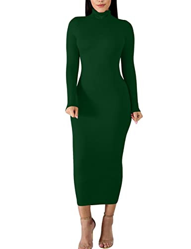 BORIFLORS Women's Sexy Basic Long Sleeve Turtleneck Bodycon Party Long Pencil Dress,Small,Dark Green | Amazon (US)