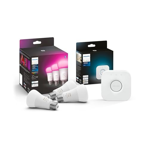 Philips Hue Smart Lighting Bundle: 3-Pack A19 LED Smart Light Bulbs (White and Color Ambiance) Bridge - Control with Hue App, Compatible with Alexa, Google Assistant, Apple Homekit | Amazon (US)