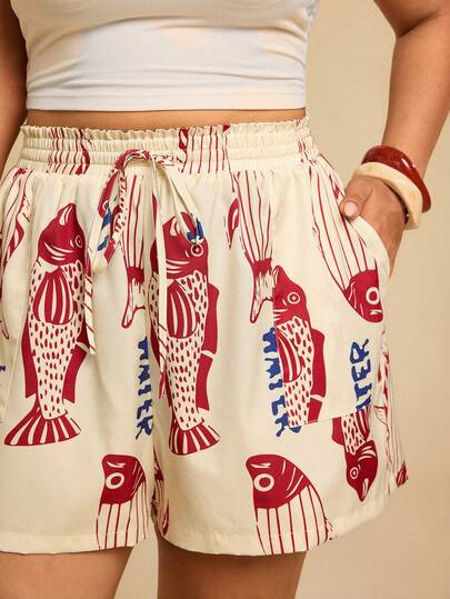 Travachic Plus Size Women's Summer Vacation Style Fish & Letter All-Over Print Drawstring Waist L... | SHEIN