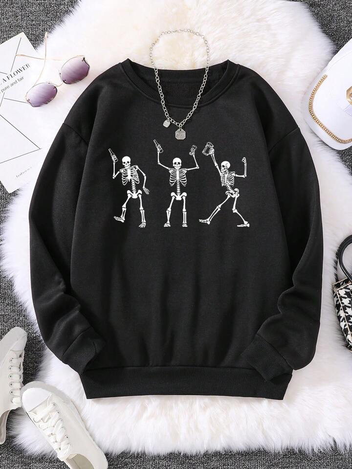 Halloween Skeleton Print Thermal Lined Sweatshirt | SHEIN