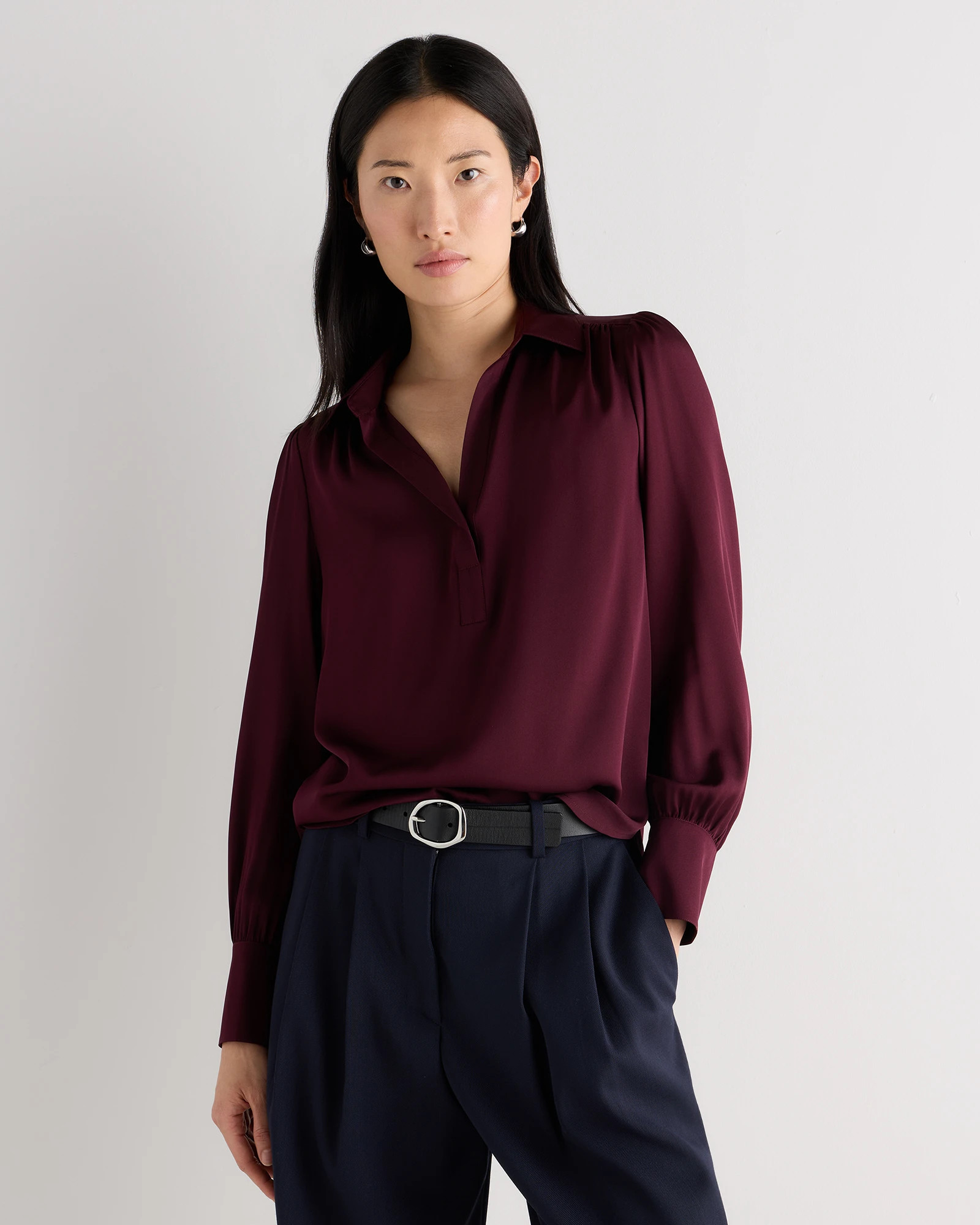 Quince | Women's Washable Stretch Silk Split Neck Blouse in Black, Size Large, Mulberry Silk | Quince