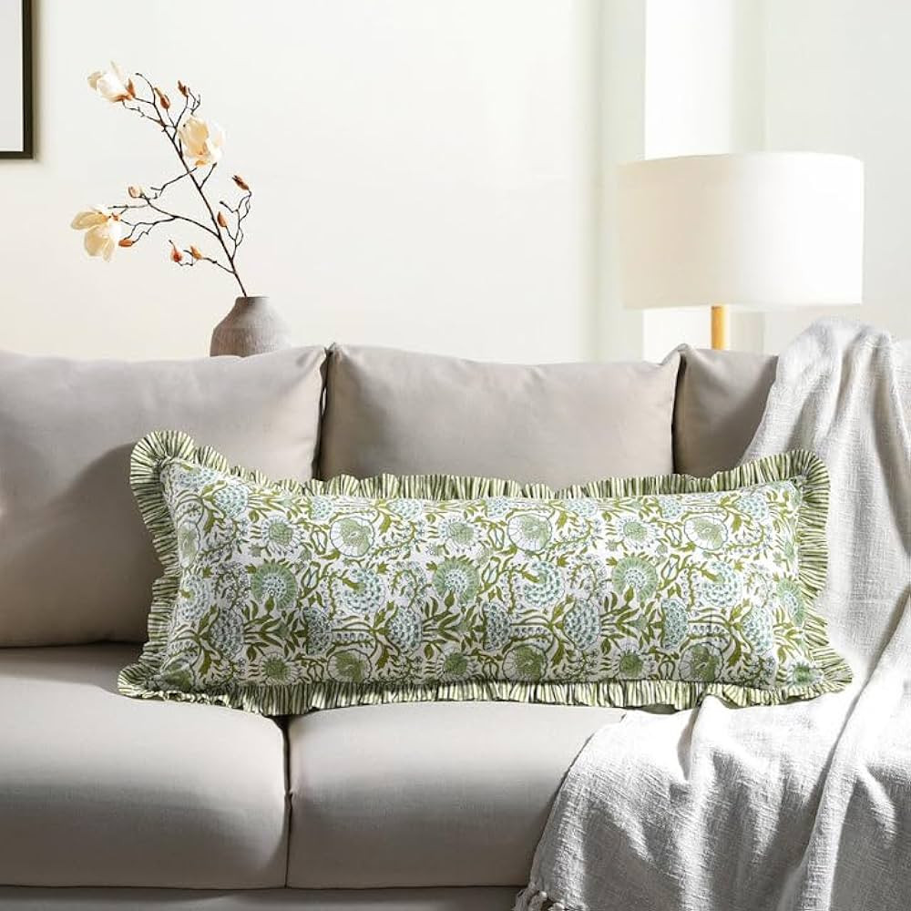 CPC Agate Green 100% Cotton Block Print Ruffle Sham Cover 14x36 inch, Handmade Boho Floral Pillow... | Amazon (US)