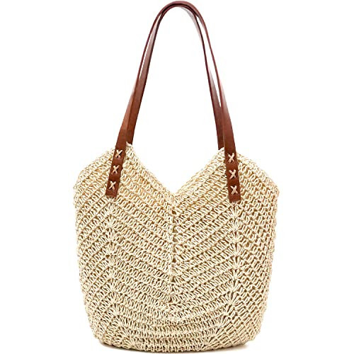 Straw Beach Bag for Women Large Straw Tote Bag with Zipper Summer Woven Bag Travel Shoulder Handbag for Vacation | Amazon (US)