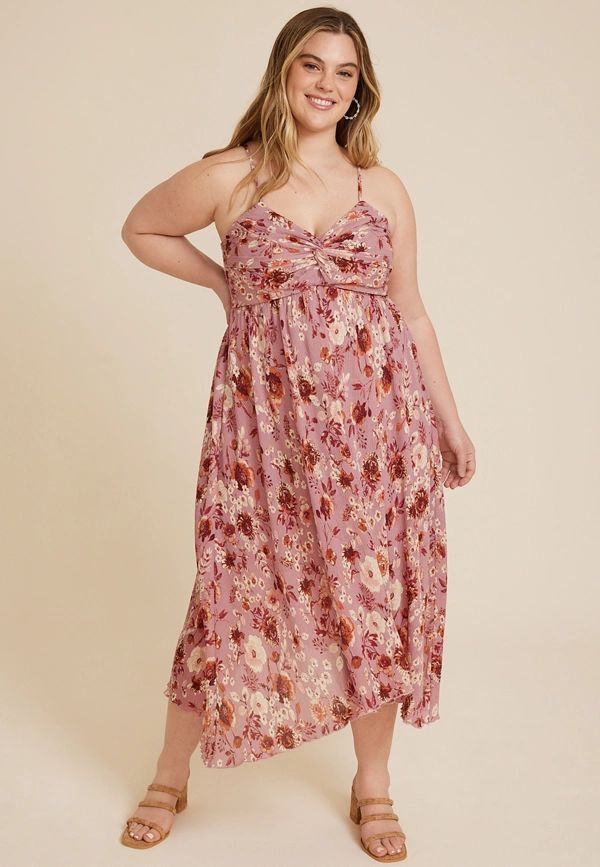 Plus Size Floral Plisse Twist Front Midi Dress | Maurices