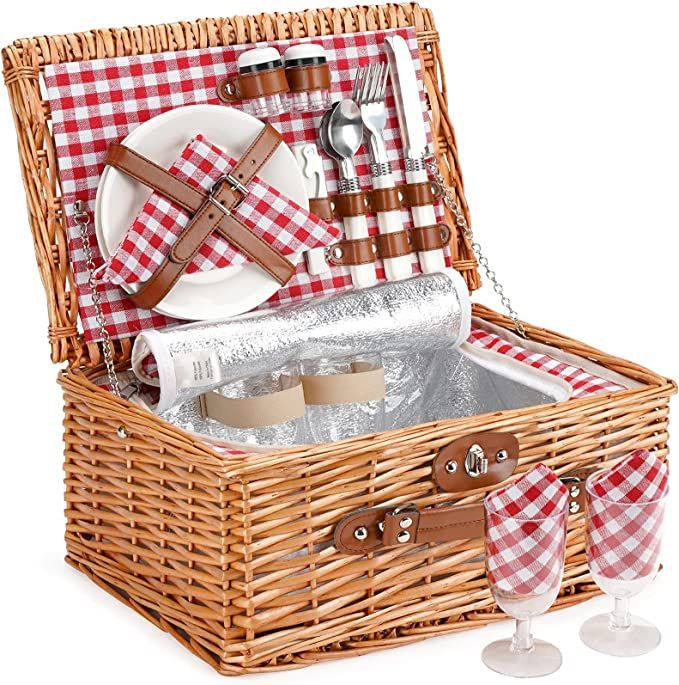 Wicker Picnic Basket for 2 Person, Willow Hamper Basket Sets with Insulated Compartment, Handmade... | Amazon (US)