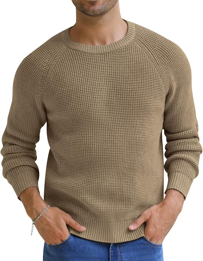 NITAGUT Mens Crewneck Pullover Sweater Waffle Textured Solid Knitted Soft Long Sleeve Sweaters wi... | Amazon (US)