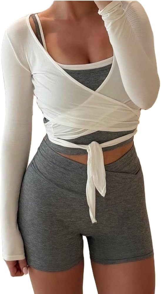 Women Y2k Long Sleeve Wrap Crop Top Ballet Pilates Workout Yoga Tie Front Shirts V Neck Slim Fit ... | Amazon (US)