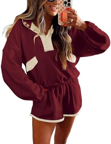 miduo Womens Color Block Two Piece Sets Long Sleeve Oversized Sweatshirts Pullover and Shorts Set... | Amazon (US)
