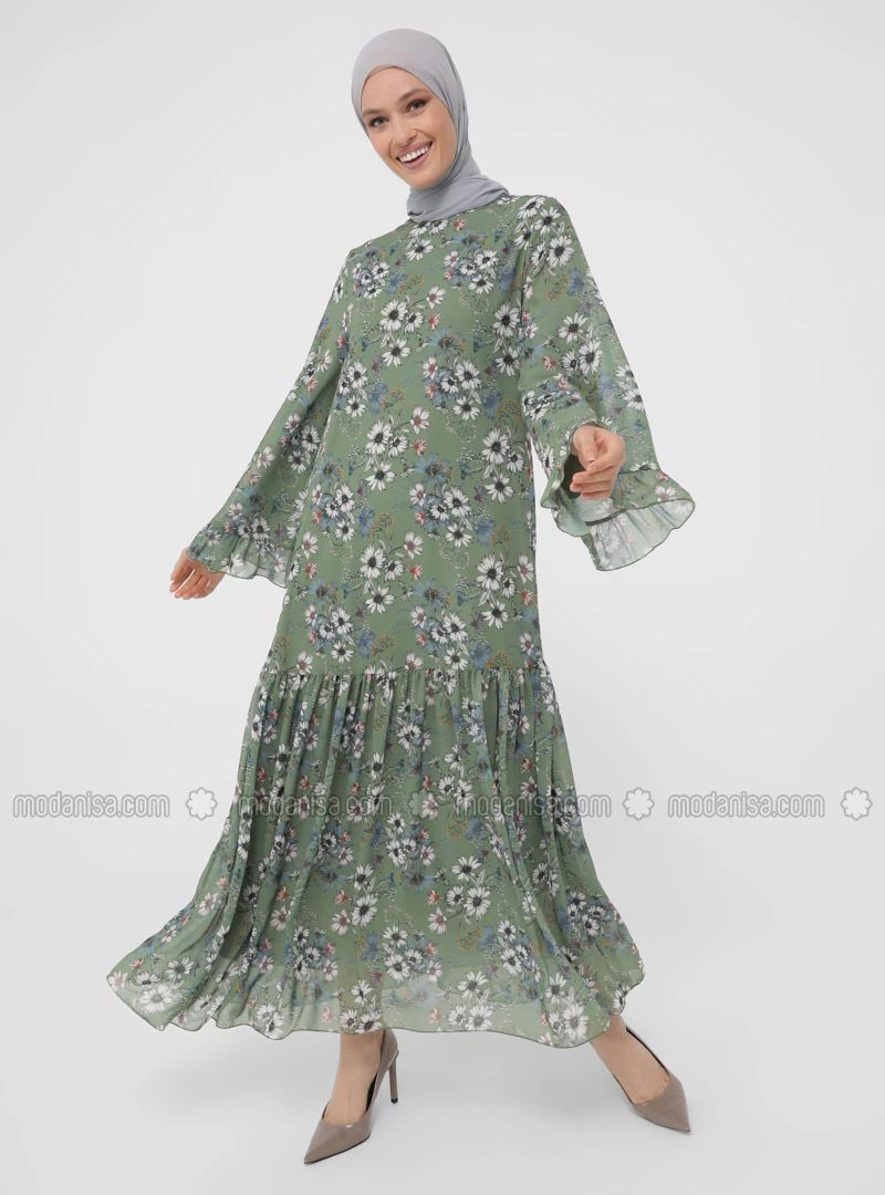 Green - Floral - Crew neck - Fully Lined - Modest Dress | Modanisa (US)