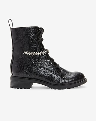 Gemstone Strap Croc-Embossed Combat Boots | Express
