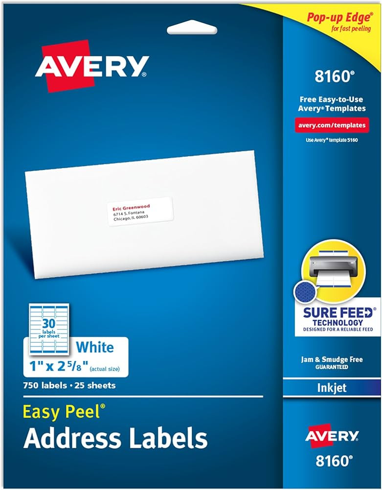 Avery Easy Peel Printable Address Labels with Sure Feed, 1" x 2-5/8" Customizable Stickers, White... | Amazon (US)
