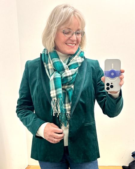 Festive green velvet blazer and a cozy plaid scarf add a holiday look to your casual outfits. 
All currently 40% off with the code GIFTSHOP
Wearing 10 in blazer. 

#LTKsalealert #LTKHoliday #LTKover40