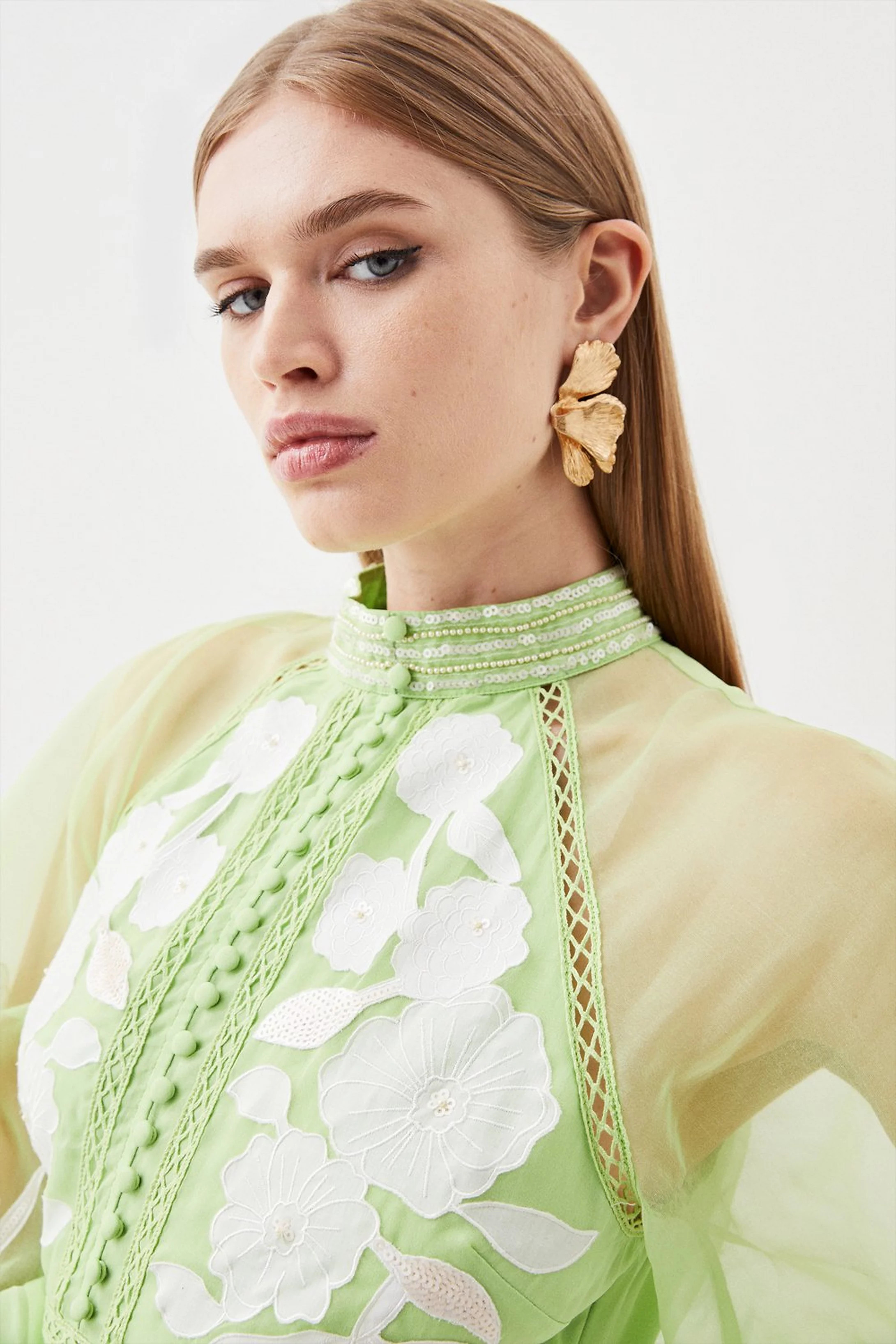 Organdie Applique Buttoned Woven Midi Dress | Karen Millen US