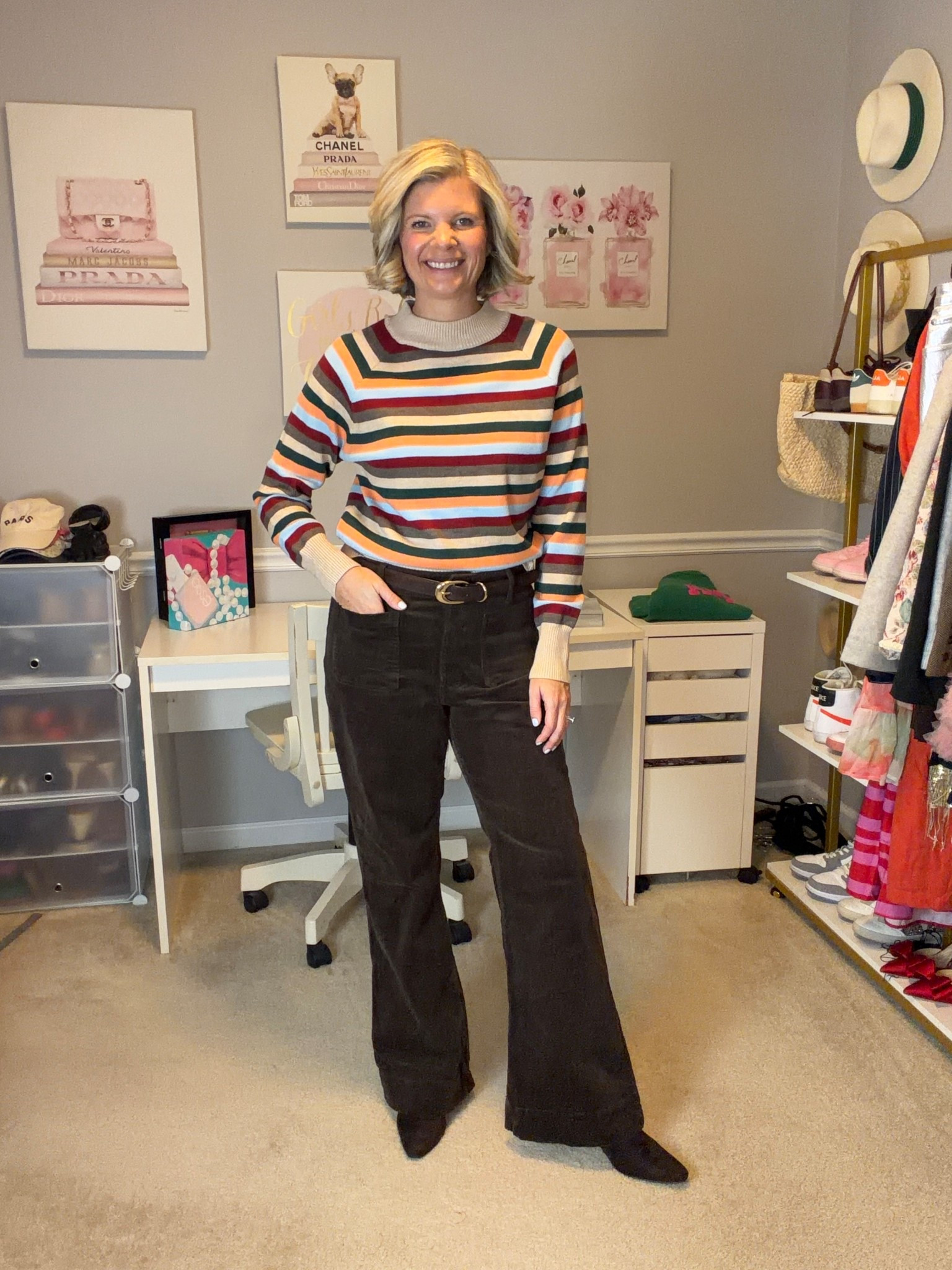 Flare dark brown corduroy pants TTs 
Brown and blue stripped sweater TtS (I got the large)
Dark brown suede block heel booties TTS

#LTKWorkwear #LTKMidsize #LTKootd